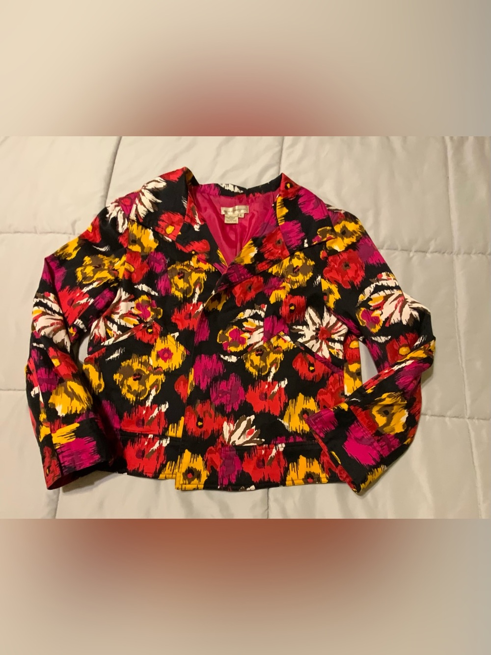 Patrick Christopher Vibrant Floral Print Cropped Jacket -mmPink/Red/Yellow Sz XL